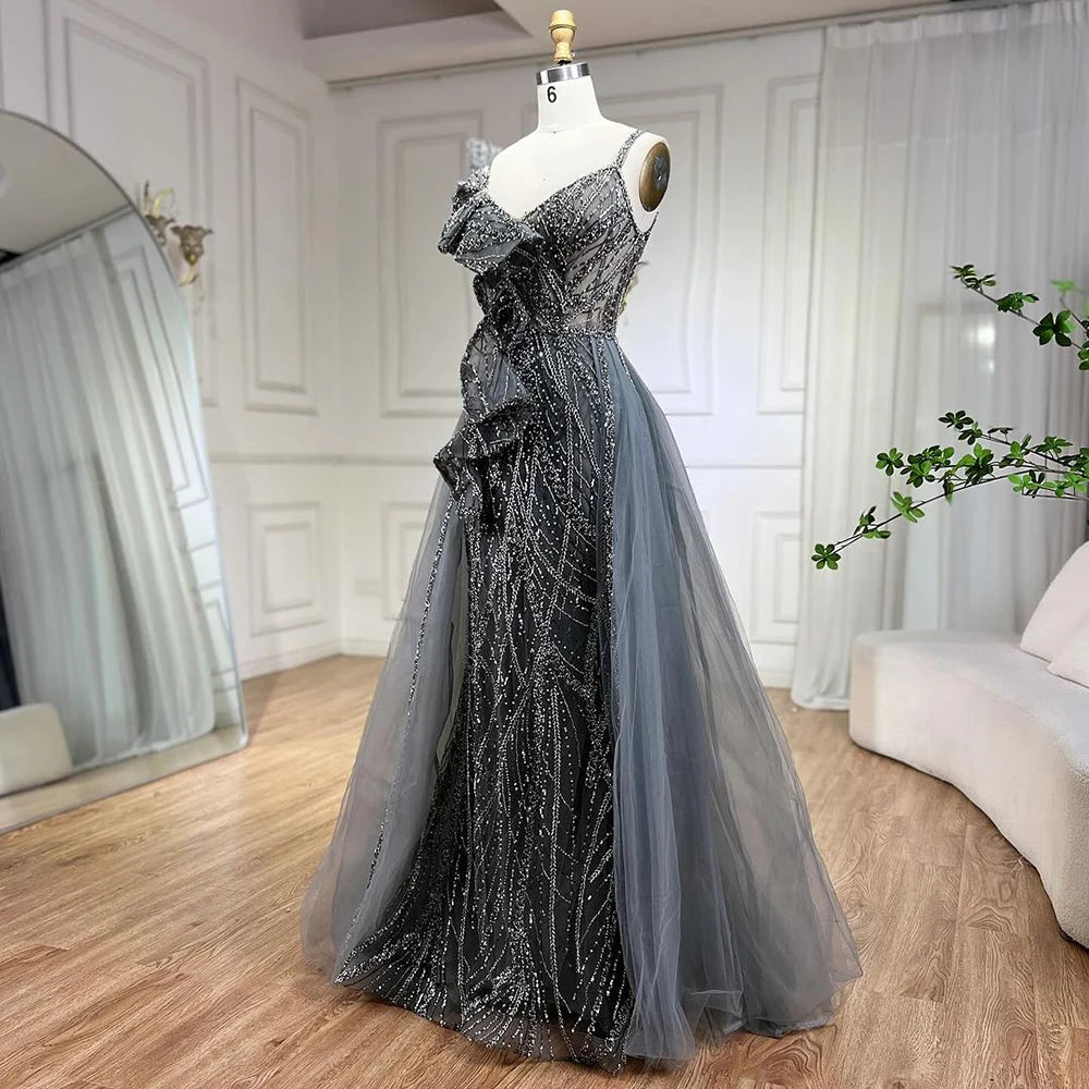 Serene Hill Golden Mermaid Evening Dress With Skirt - Women's Luxury Grey Beaded Spaghetti Strap Party 2024, LA72341