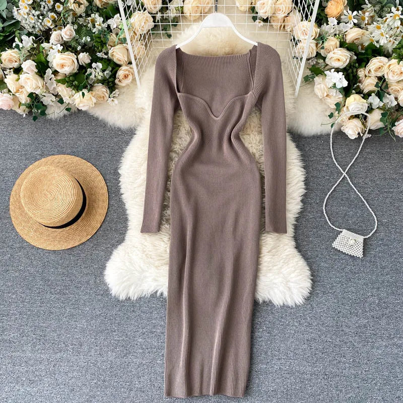 Women Long Sleeve Sexy Bodycon Dress with slit Vintage French Fashion Knit v neck Vestidos Basic Tight Elegant Slim Chic Dresses