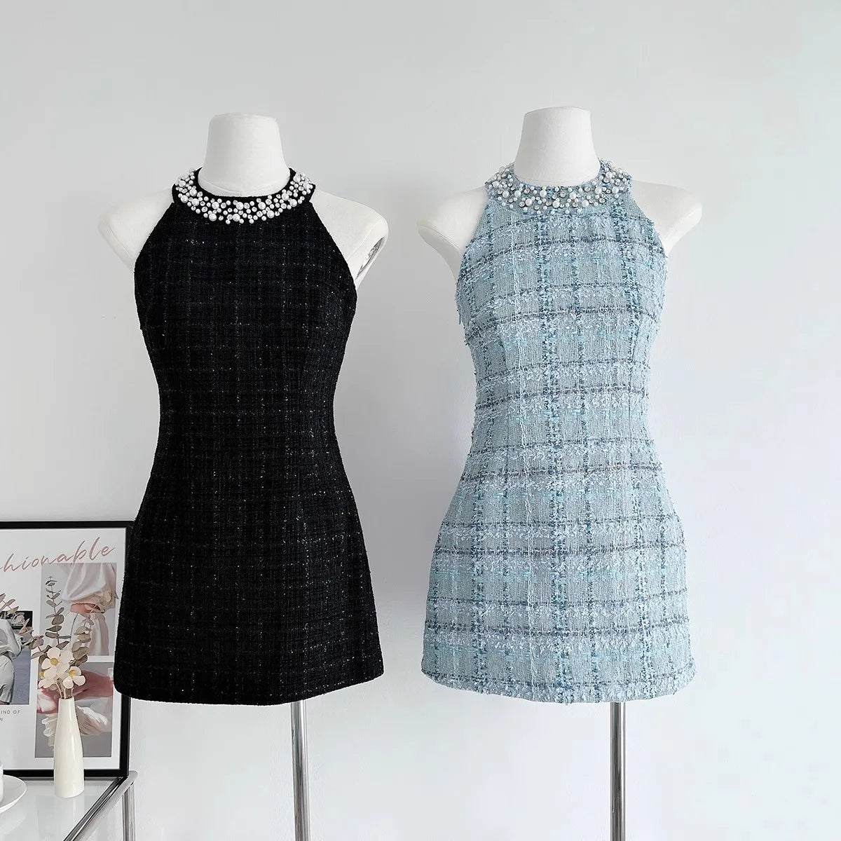Trendy Small Fragrance Tweed Mini Dress Pearl Decoration Halter Sleeveless Dress Elegant Slim Fit Waist Dresses 2024 Summer New