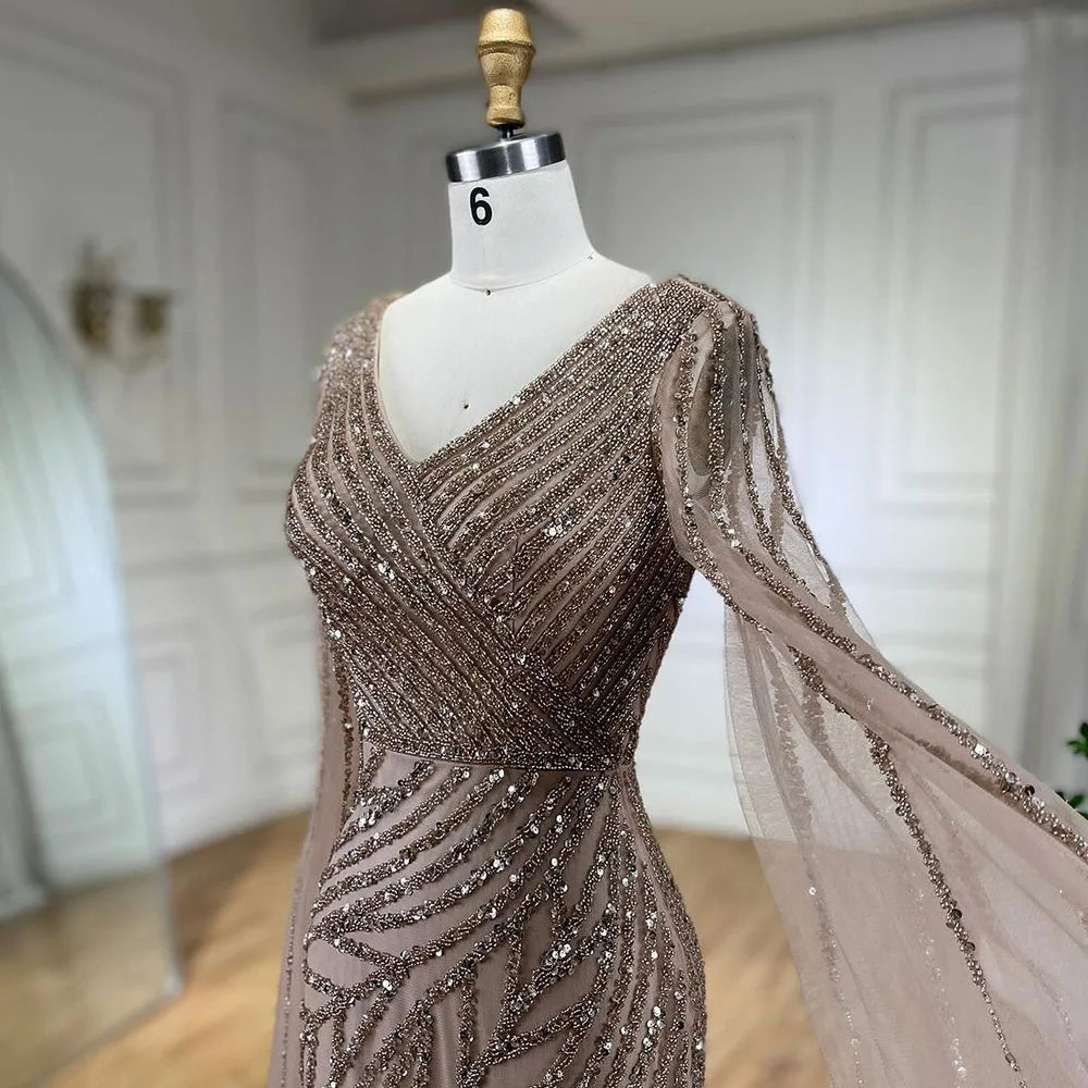 SERENE HILL 2024 Arabic Dubai Caramel Mermaid Luxury Beaded Evening Dresses Cape Sleeves Gowns For Women Wedding Party GLA71493A