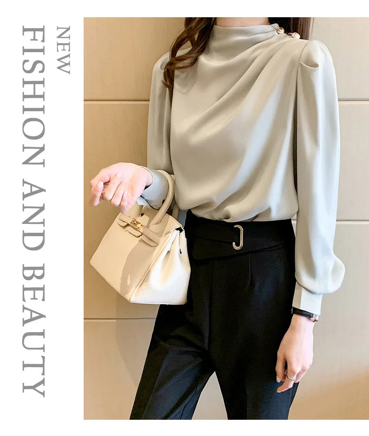 Autumn New Women's Style Stand up Collar Pleated Long Sleeve Top Fashion Lantern Sleeve Loose Elegant Solid Color Shirt Blouse