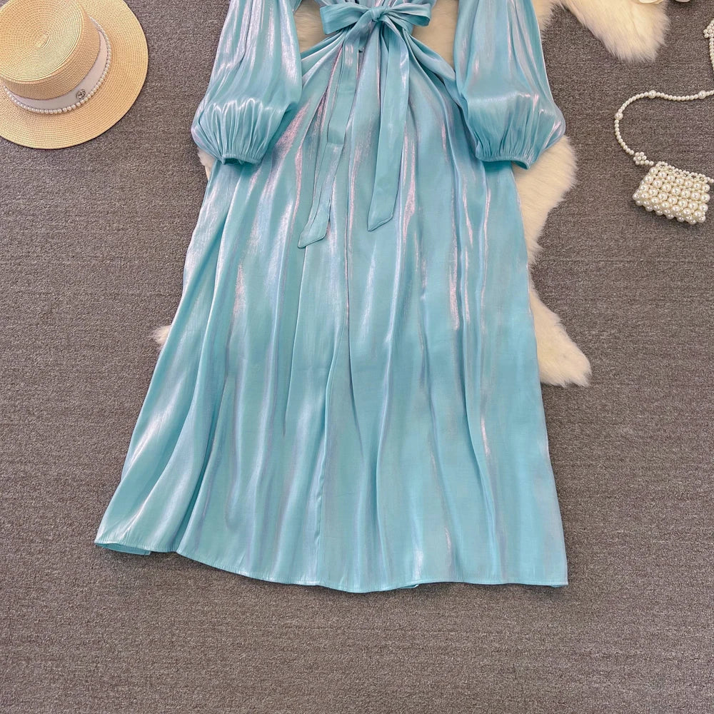 Autumn Elegant Women Fashion Party Long Dress Bow Lace Up Long Sleeve Evening Dresses A-Line Casual Vestidos One Piece Prom Robe