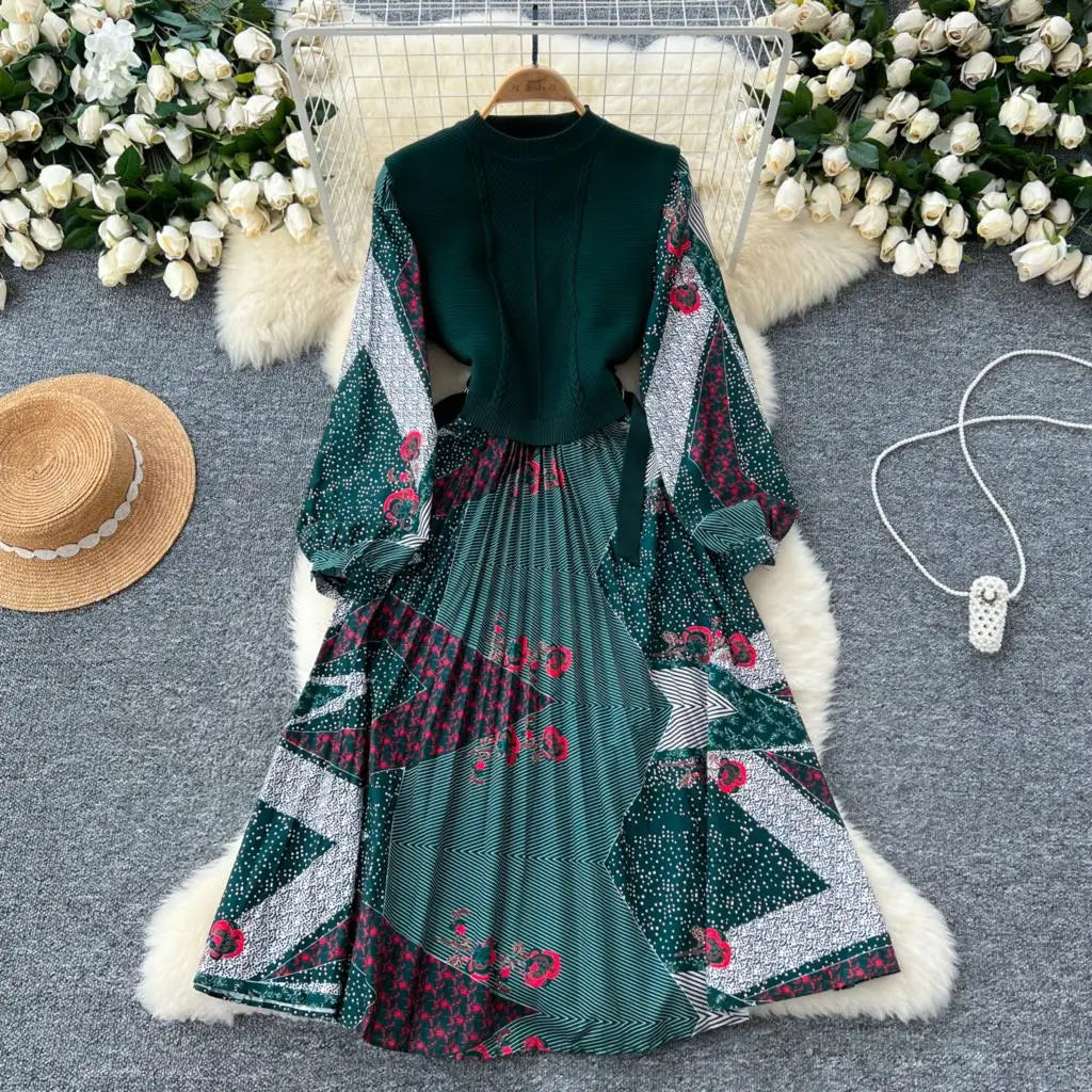 French Vintage Patchwork Print Knitted Dress Elegant and Chic Boho Beach Holiday Dresses A-Line Slim Waist Pleated Vestidos New