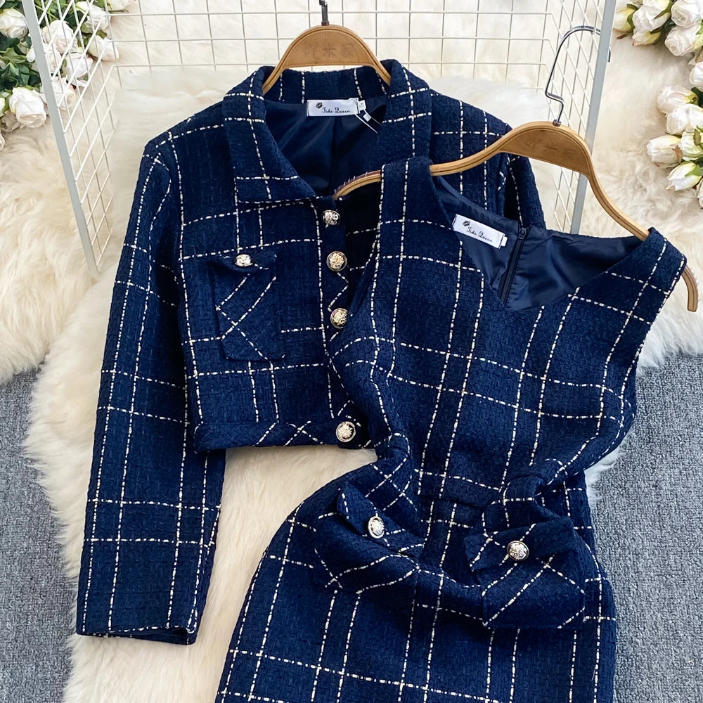 Women Checkered tweed Blazer 2-Piece Set Elegant Small Fragrance Wind Outfit Cropped Jacket+Mini Dresses Suit for Spring Autumn