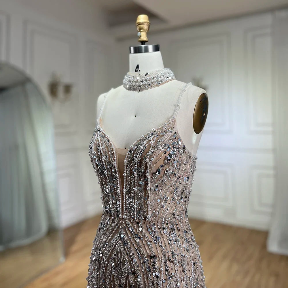 SERENE HILL 2024 Silver Nude Mermaid Spaghetti Straps Beaded Feathers Split Evening Dresses Long Gowns For Woman Party GLA72047B