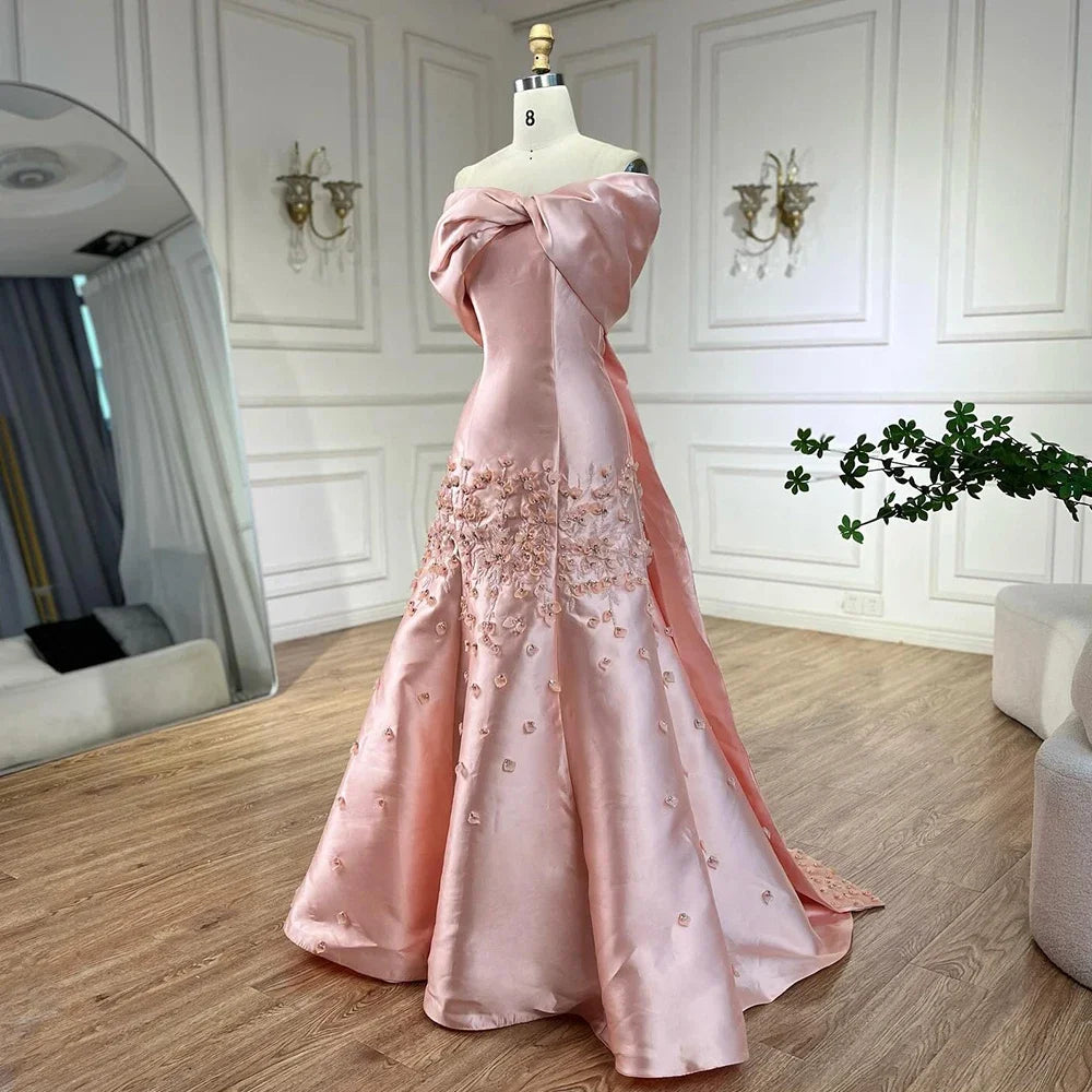 Serene Hill 2024 Luxury Saudi Arabia Off Shoulder Mermaid Peach Satin Luxury Women Evening Dress For Formal Occasions GLA72483