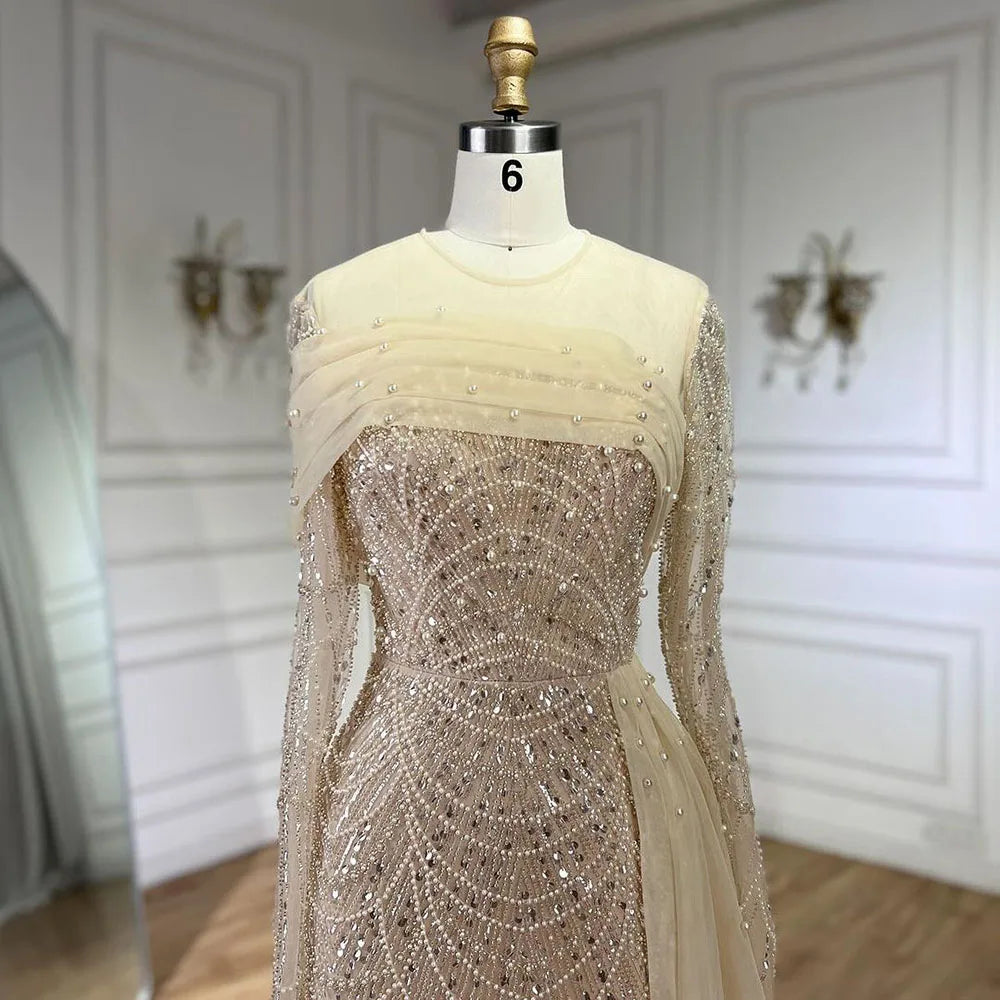 SERENE HILL 2024 Dubai Arabic Nude Mermaid Luxury Beaded Evening Dresses Gowns With Overskirt For Women Wedding Party GLA72254A