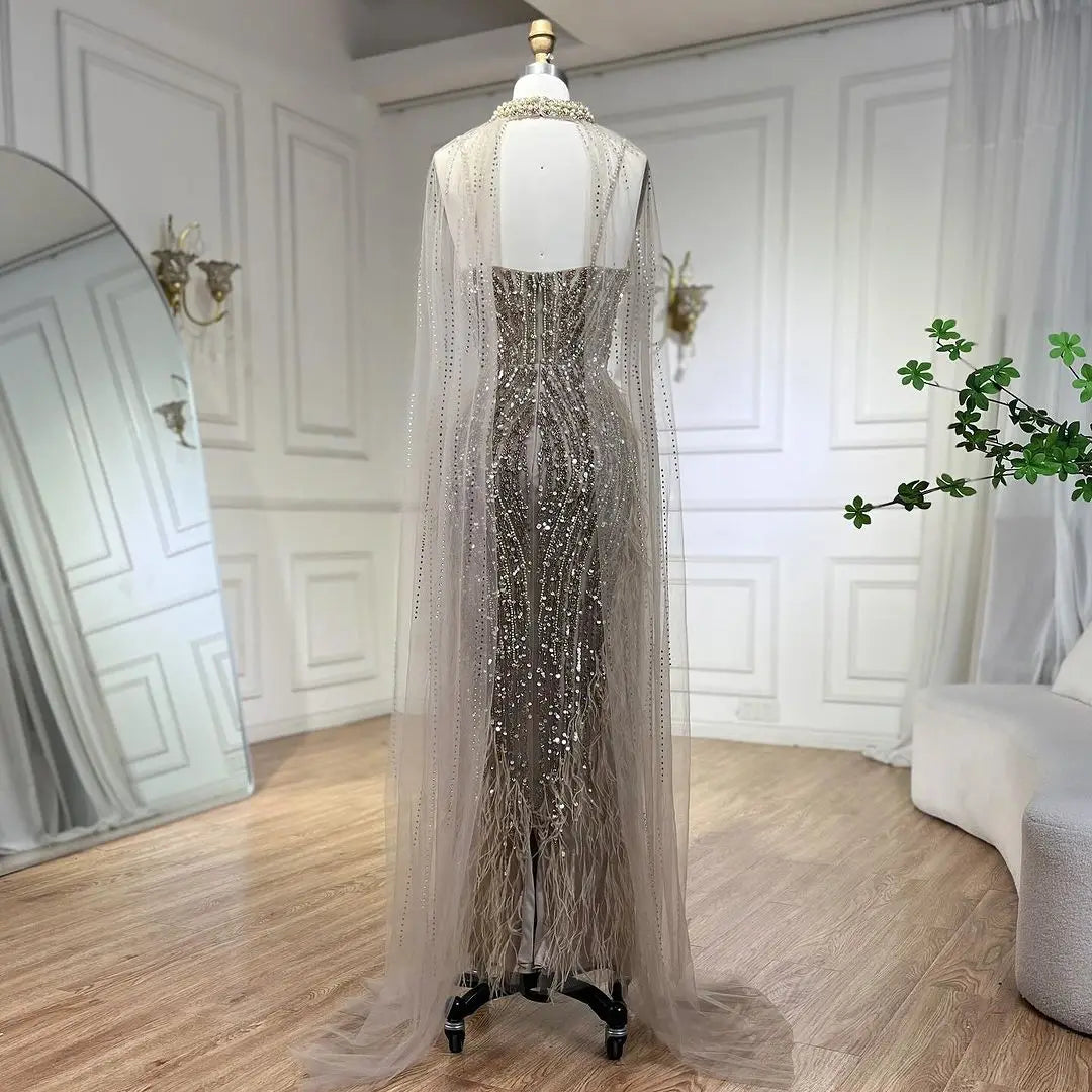 SERENE HILL 2024 White Nude Mermaid Beaded Feathers Luxury Evening Dresses Midi Gown With Cape For Women Wedding Party GLA72047A