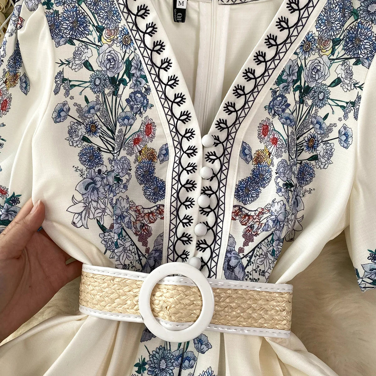 Party Dresses 2023 Elegant Vintage Floral Print Holiday Dress Women V Neck Short Puff Sleeve Summer Clothes Mini Dress With Belt