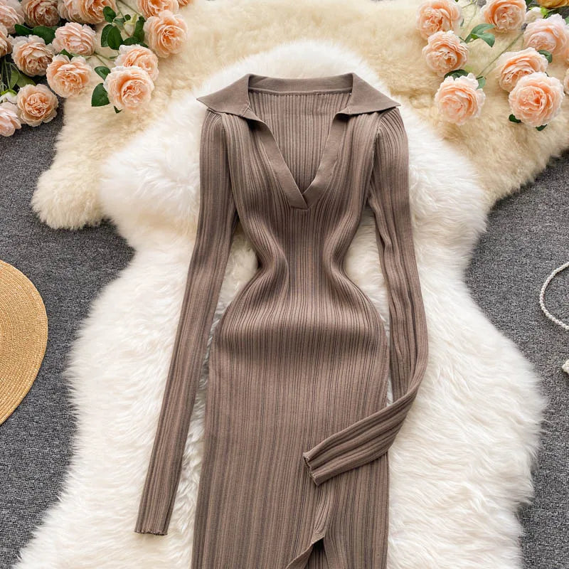 Women Chic Elegant Long Sleeve Split Bodycon Midi Dress Sexy French Fashion Knit Wrap Vestidos Elastic Slim Pencil Sweater Dress