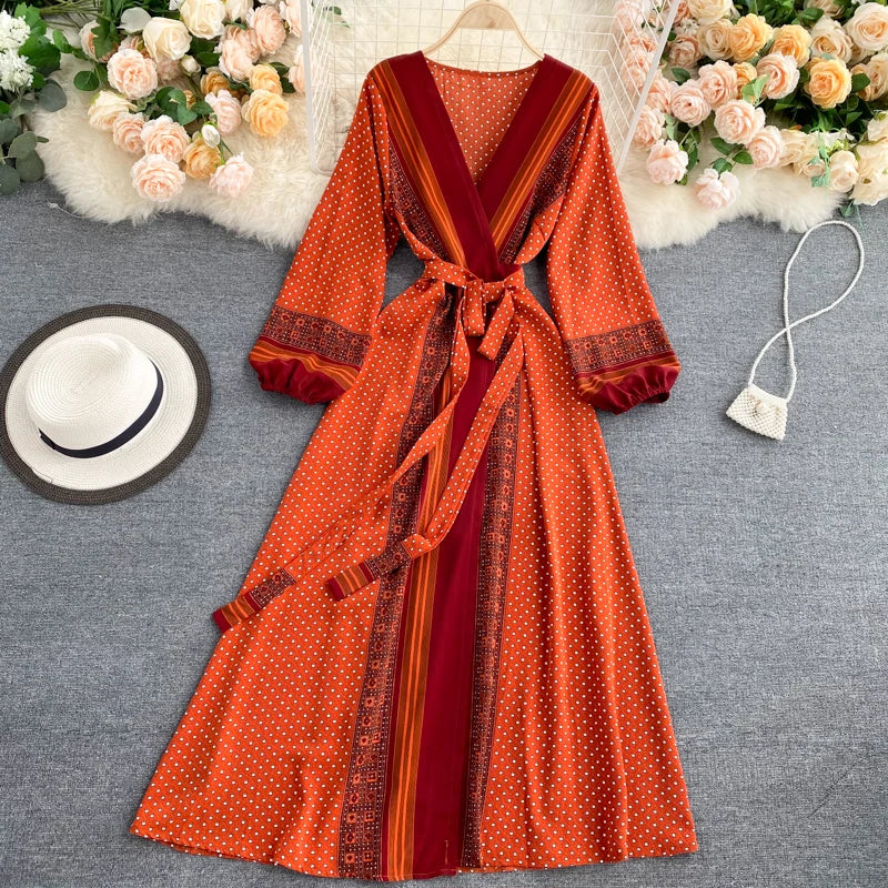 Vintage Print Elegant Puff Sleeve One Piece Dress A-line Lace-up Beach Vacation Midi Dress Women Fashion Spring Autumn Vestidos