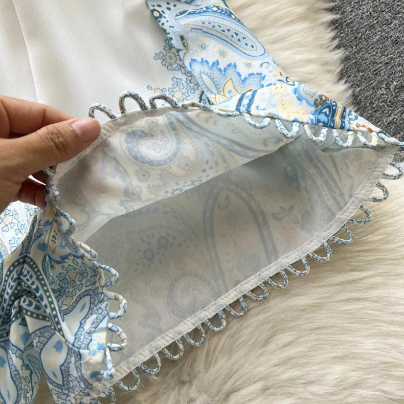 Spring Summer Retro Print Two Piece Set Women Lantern Sleeves Standing Neck Blouse Top+High Waist Wide Leg Shorts Elegant Suits