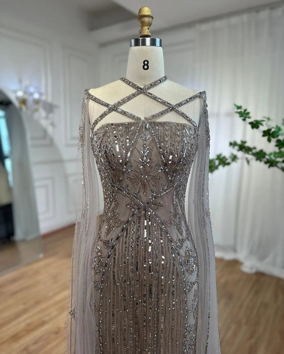 SERENE HILL Arabic Caramel Mermaid Elegant Cape Sleeves Beaded Luxury Evening Dresses 2024 Formal Gown For Women Party GLA71905A