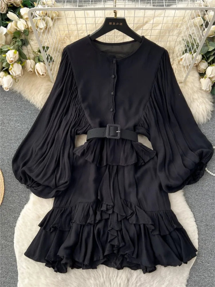 Vintage Puff Sleeve Ruffle Dress Women O-Neck A-Line Elegant Casual Party Prom Dresses Korean Autumn Fashion Female Vestidos New