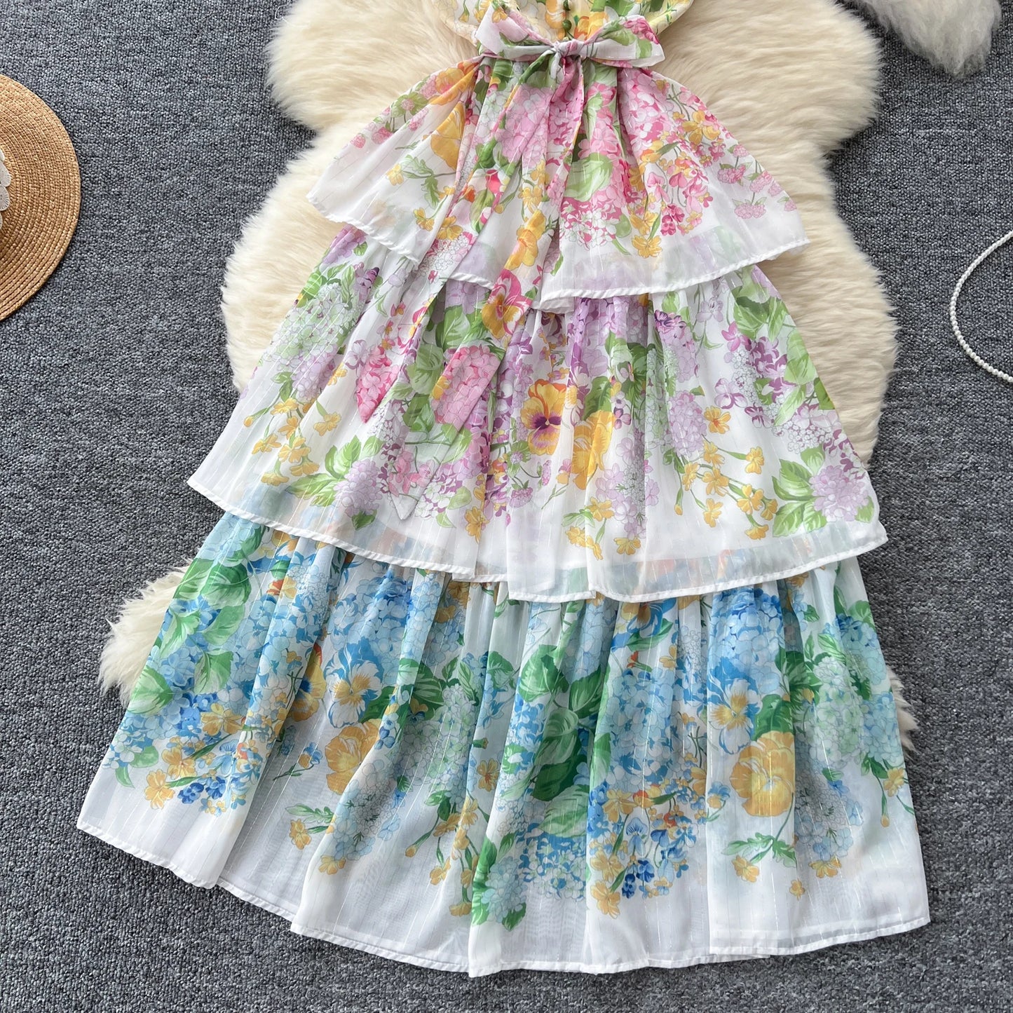 Vintage Print Elegant Sleeveless A-line Vneck Ruffle Bandage Dress Casual Women Fashion Autumn Spring Dress