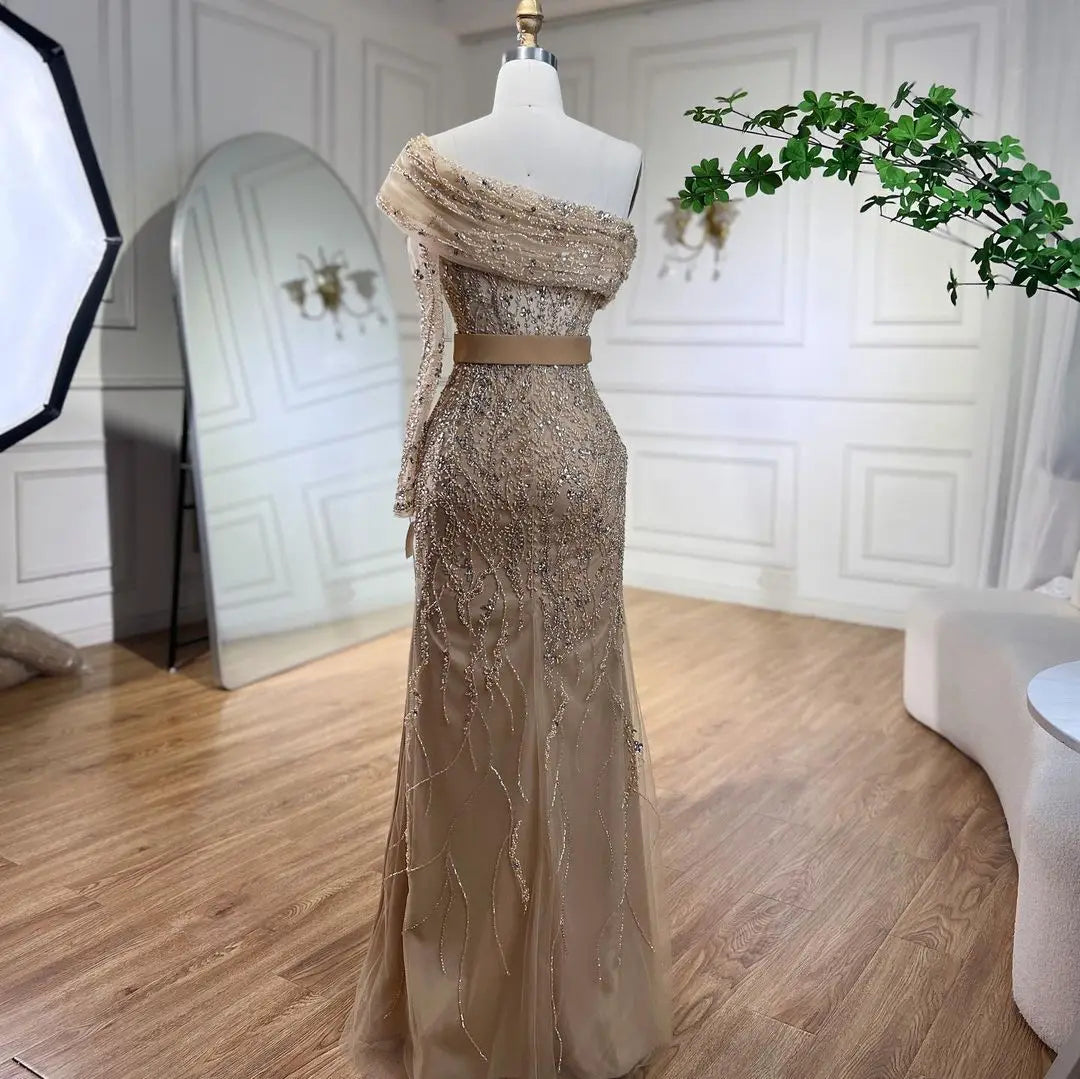 SERENE HILL 2024 Arabic Nude Mermaid One Shoulder Luxury Beaded Evening Party Dresses Formal Gowns For Women Wedding GLA72161