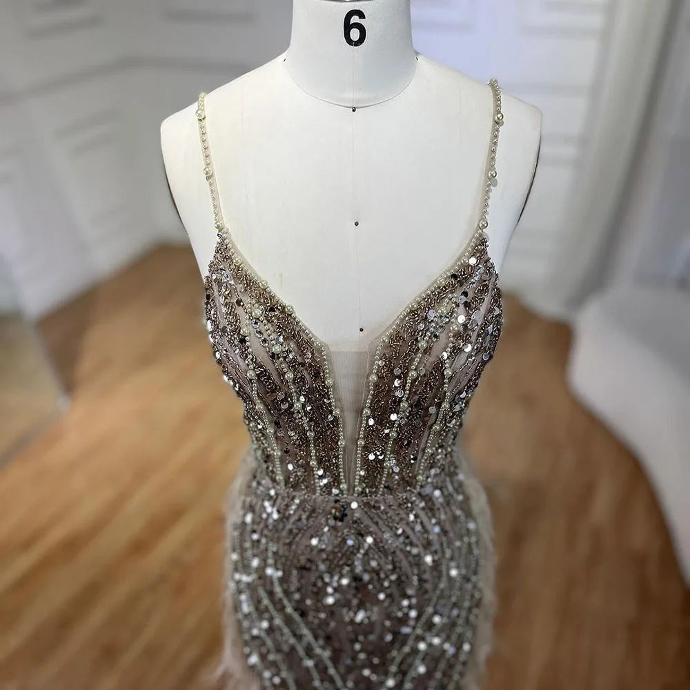 Serene Hill 2024 White Nude Mermaid Wedding Party Dresses with Beaded Feathers Luxury Cape Sleeves Prom Party Gowns LA72047A