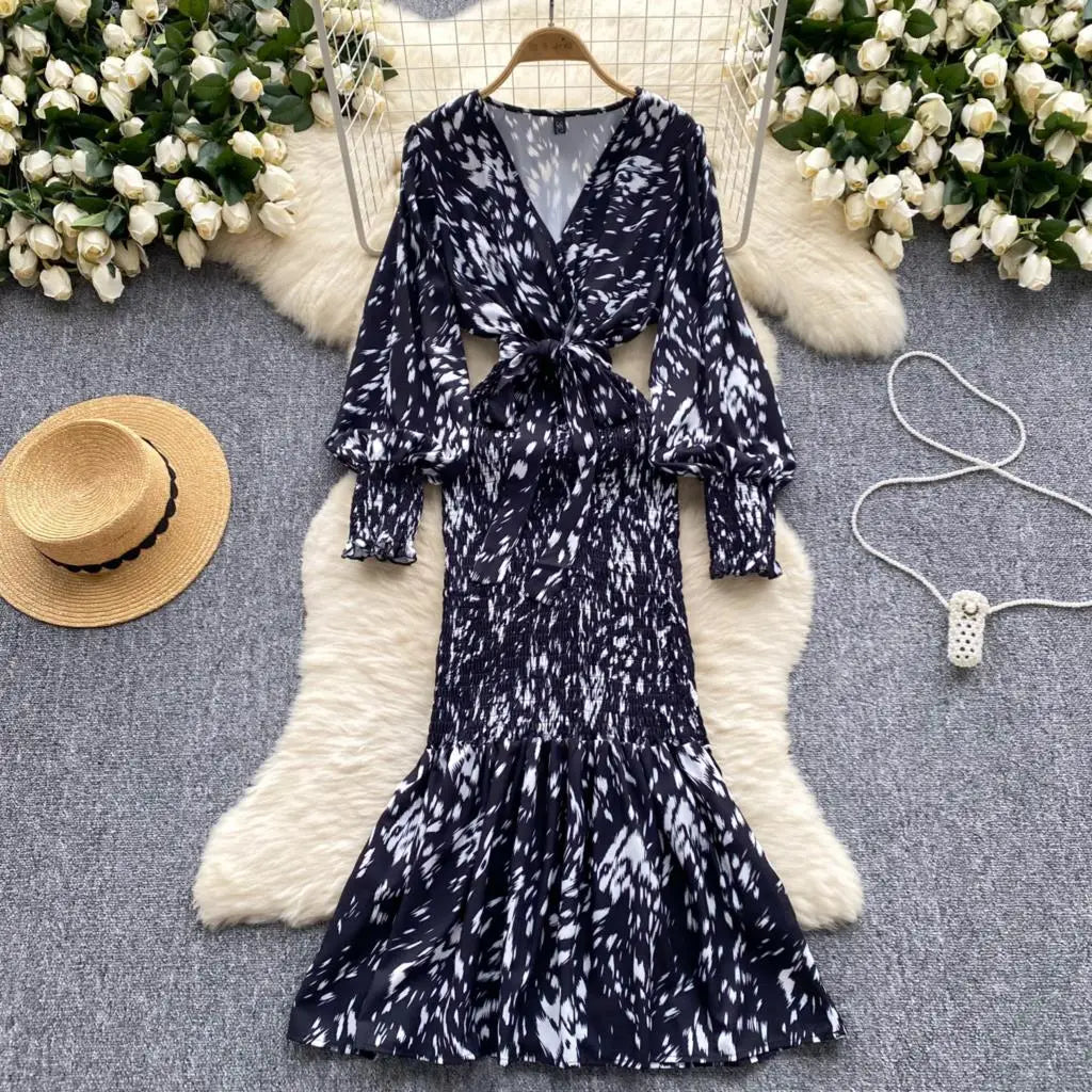 Women Casual Vintage Print Ruffle Long Dress Autumn Elegant V Neck Lantern Sleeve Party Mermaid Dresses Holiday Female Mujer New