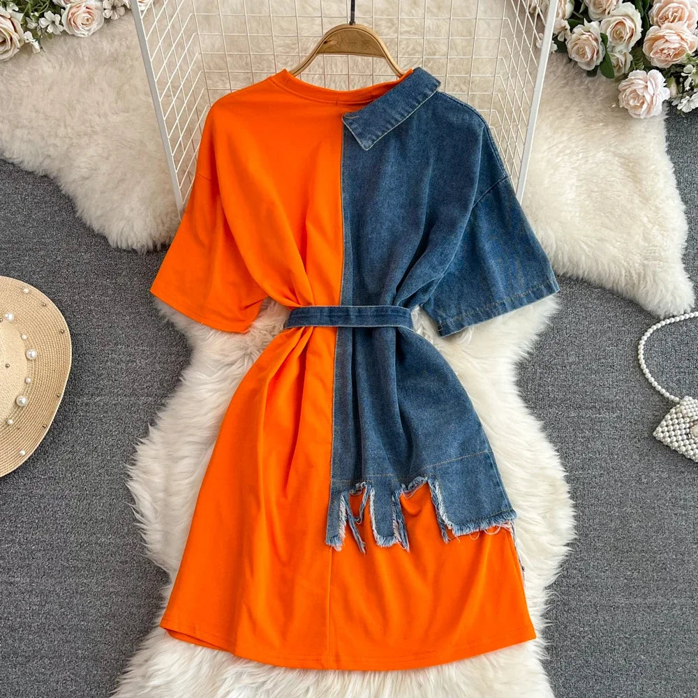 Women Summer Casual T Shirt Short Sleeve Streetwear Patchwork Denim Long Shirts Female O-neck Slim Jeans Tops