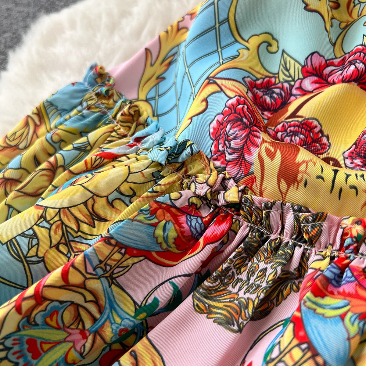 Women Elegant Vintage Print Dress 2023 Layered Ruffle Straight Neckline Strap Off Shoulder Dress For Holiday Summer Mini Dress