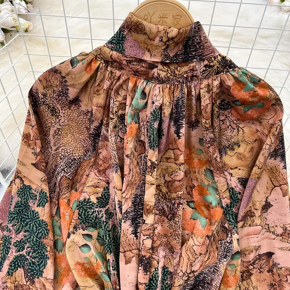 Elegant Casual A-Line Vintage Ruffle Print Long Dress Autumn Lantern Sleeve Party Boho Dresses Beach Holiday Female Vestidos