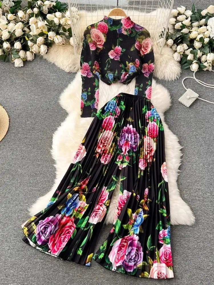 2024 Fashion Miyake Pleated Hot Two Piece Set Gradient Flower Printing High Neck Stretch Top And Wide Leg Pants Trouser Suits