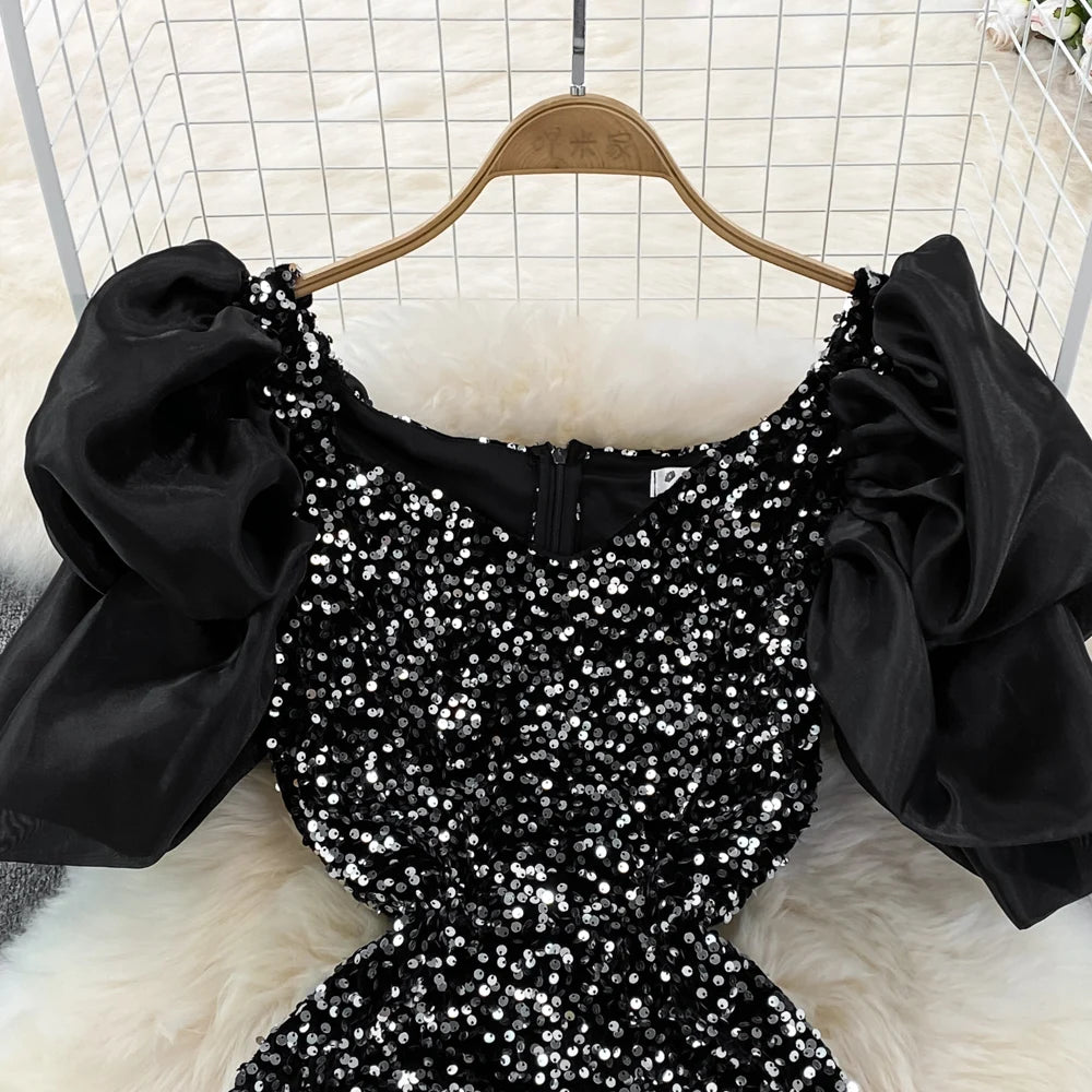 Elegant Square Collar Slim Sequin Women Dresses Luxury High Waist Long Banquet Dress Sexy High Slit Temperament Celebrity Gowns