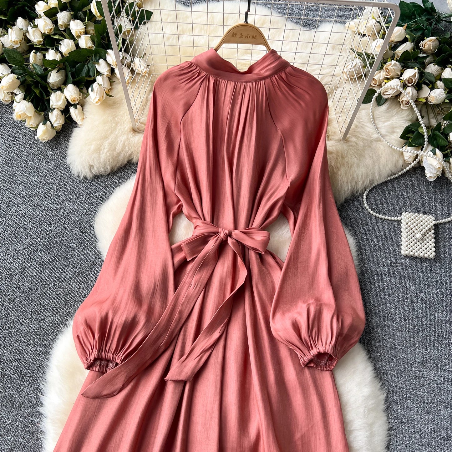 French Vintage Pleated lool sleeve print Lace-up Bow sweet Dress Casual Women Fashion summer dresses