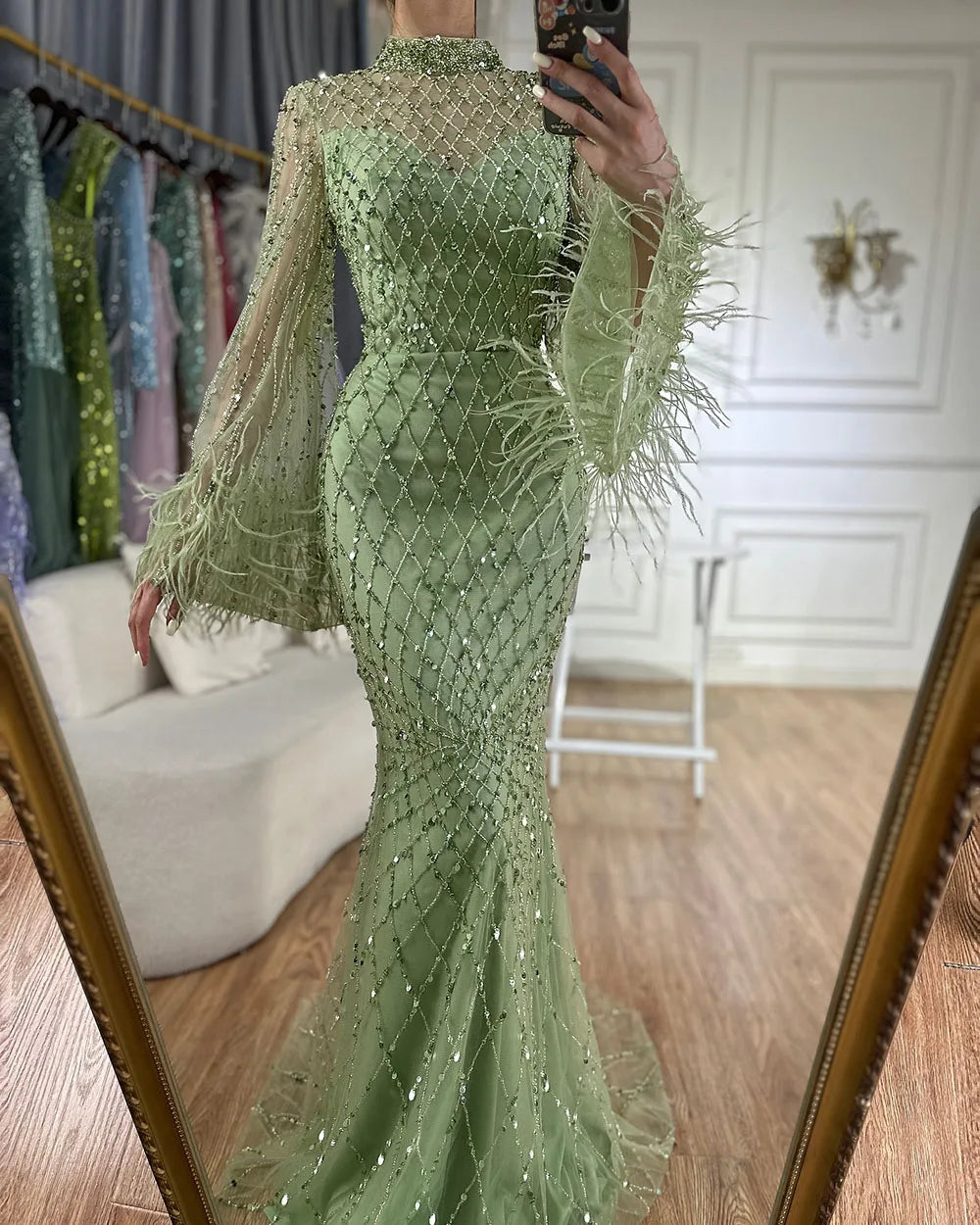 Serene Hill 2024 Saudi Caramel Illusion Cut Out Lace Beaded Feathers Mermaid Evening Dresses Gowns for Formal Occasion LA72394A