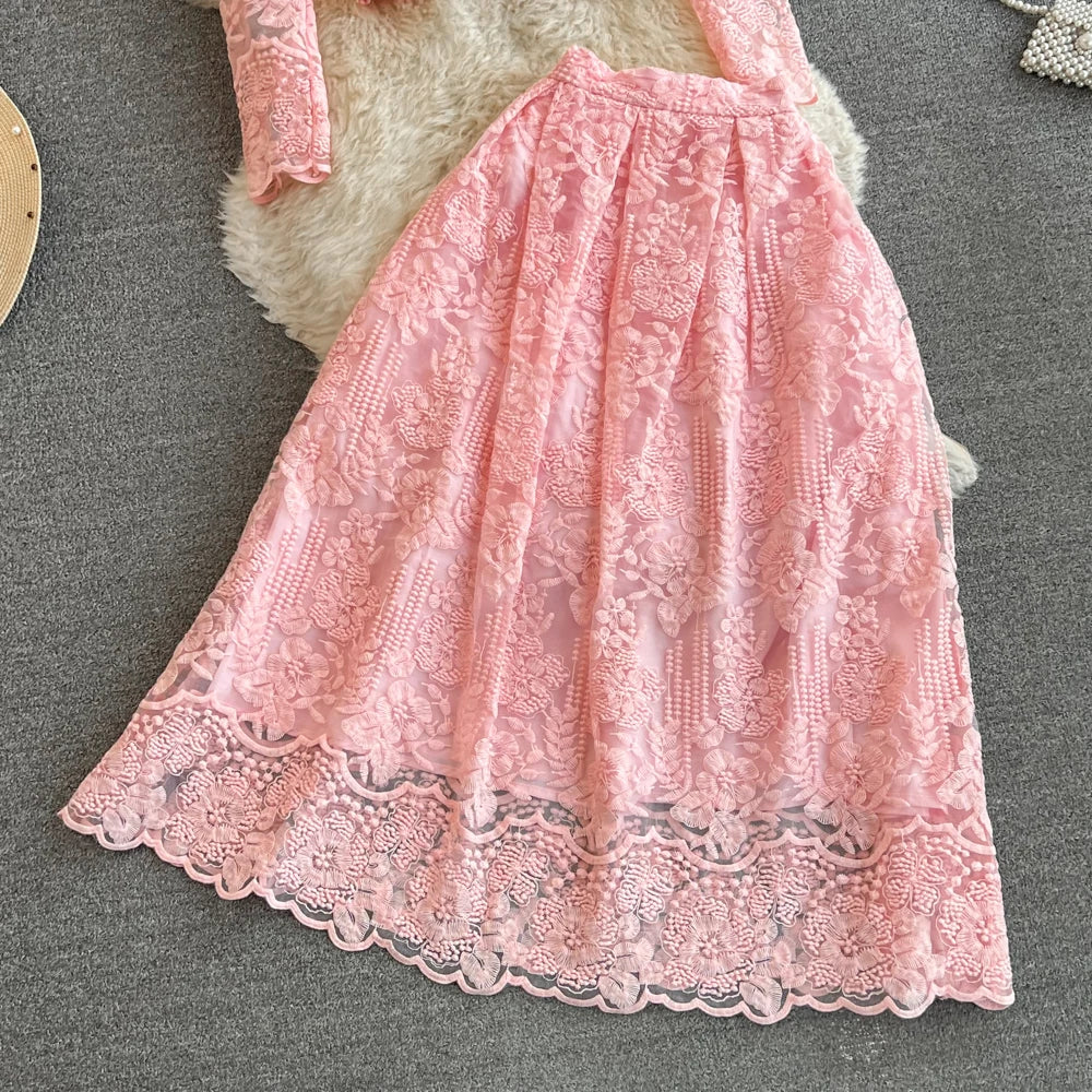 High Quality Floral Embroidery Two Piece Sets Women Suits Elegant OL Long Sleeve Shirt Mid Skirts 2 Piece Outfits Female