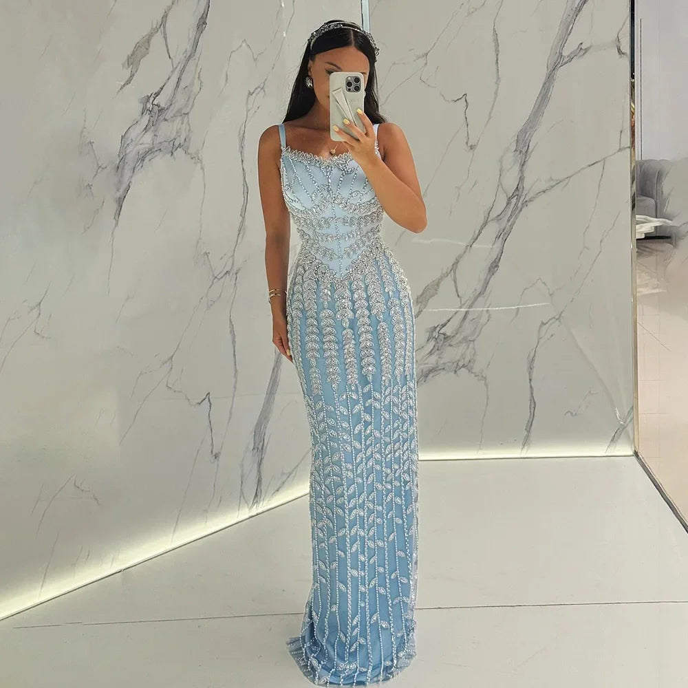 Serene Hill 2024 Arabic Blue Spaghetti Strap Mermaid Gown Luxury Beaded Saudi Evening Dress for Formal Occasion GLA72725