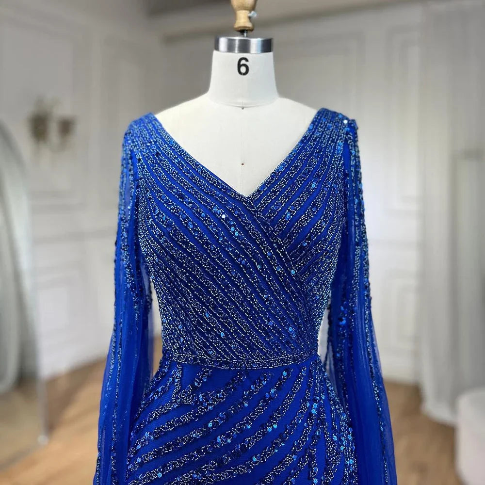 SERENE HILL 2024 Arabic Dubai Caramel Mermaid Luxury Beaded Evening Dresses Cape Sleeves Gowns For Women Wedding Party GLA71493A