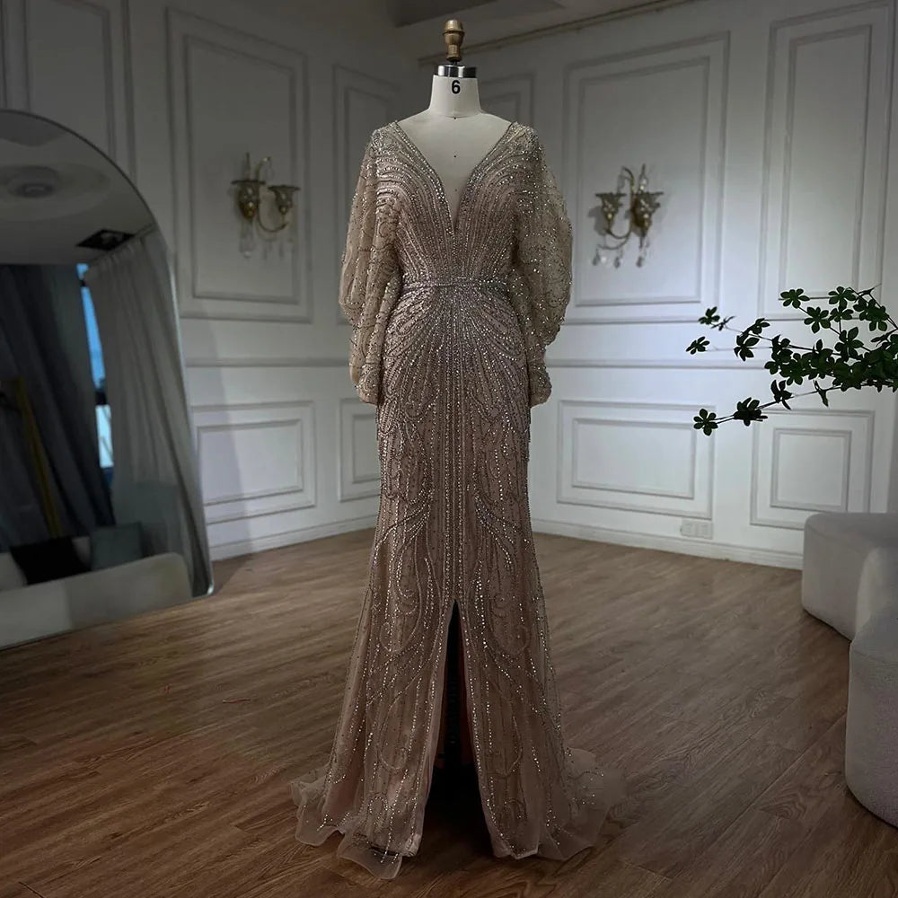 SERENE HILL 2024 Arabic Gold Elegant Mermaid Black Luxury Beaded Evening Dresses Gowns Diamond For Women Wedding Party GLA72288A