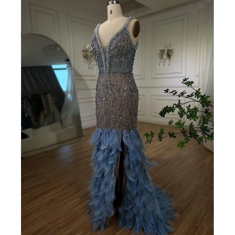 Serene Hill Pink Mermaid High Split Luxury Evening Dresses Feather Beaded Gowns Long 2024 For Women Wedding Party LA72152