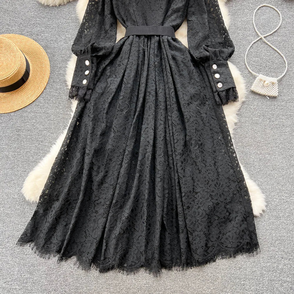 Elegant Chic Lace Hook Flower Hollow Long Sleeve Lapel Dress Party A-line Vestidos High Waist Basic Women Autumn Winter Dress