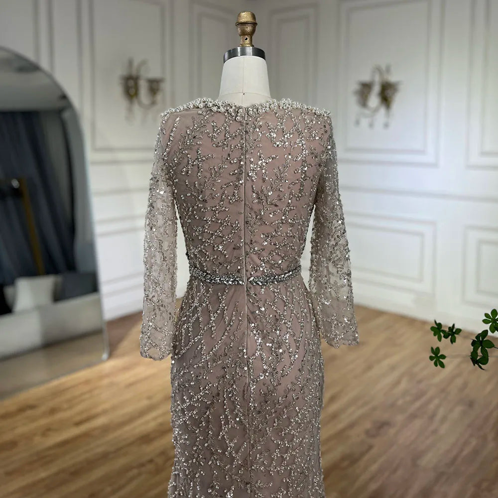 Serene Hill Dubai Luxury Pearls Beaded Nude Elegant Arabic Mermaid Evening Dress for Women - Wedding Party 2024 LA72361