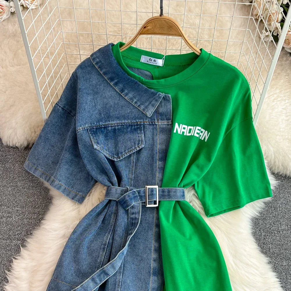 Women Summer Casual T Shirt Short Sleeve Streetwear Patchwork Denim Long Shirts Female O-neck Slim Jeans Tops
