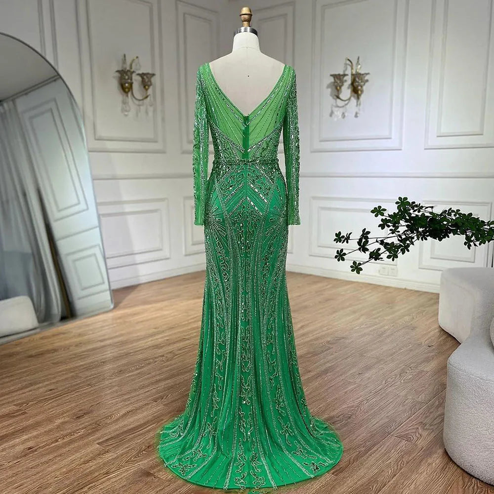 Serene Hill 2024 Women Wedding Parties Dubai Arabia Luxury Beaded Evening Dresses Gowns Green Elegant Split Mermaid LA72518