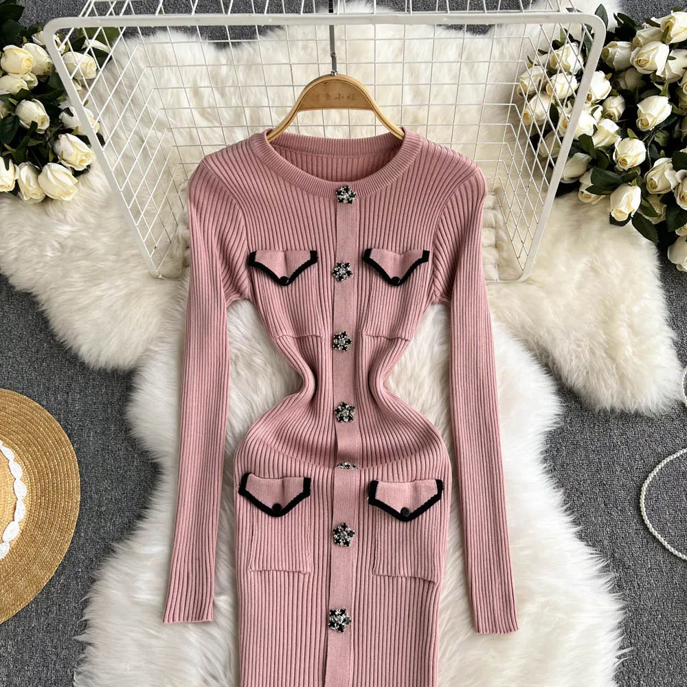 Women Elegant Chic Long Sleeve Sexy Slim Bodycon Dress Vintage Korean Fashion Knit Tight Vestido Autumn Winter Sweater Robe