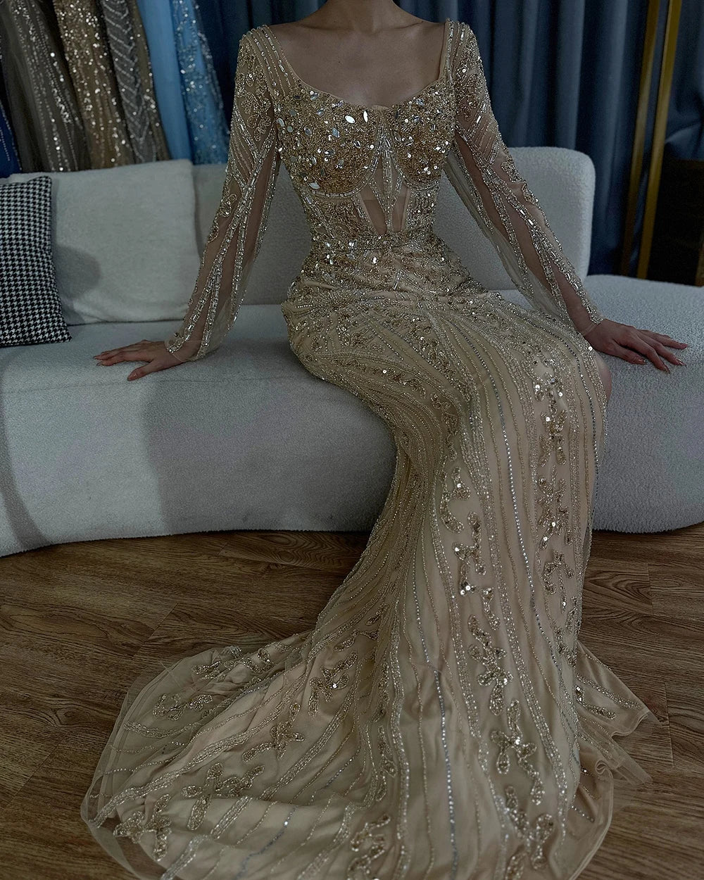 Serene Hill 2024 Women Wedding Parties Dubai Arabia Luxury Beaded Evening Dresses Gowns Green Elegant Split Mermaid LA72518