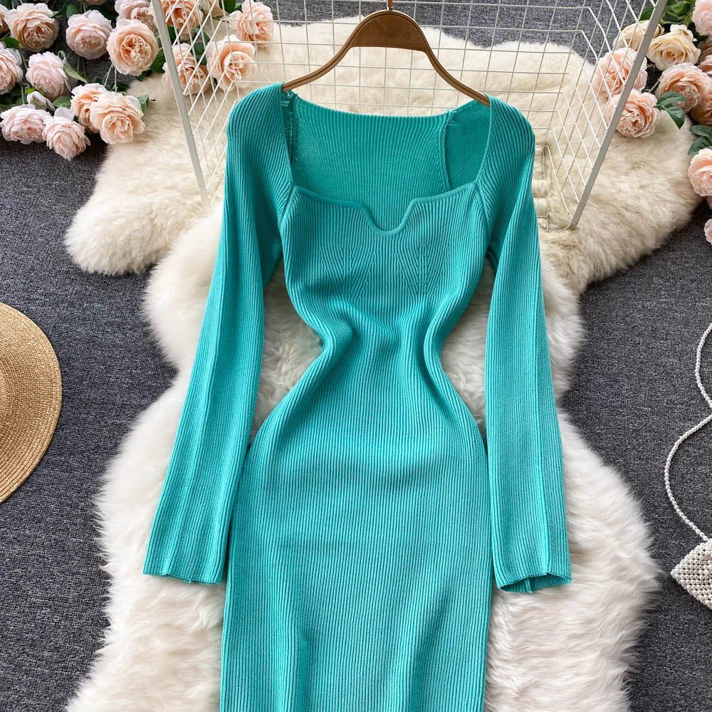 Women Long Sleeve Sexy Bodycon Dress with slit Vintage French Fashion Knit v neck Vestidos Basic Tight Elegant Slim Chic Dresses