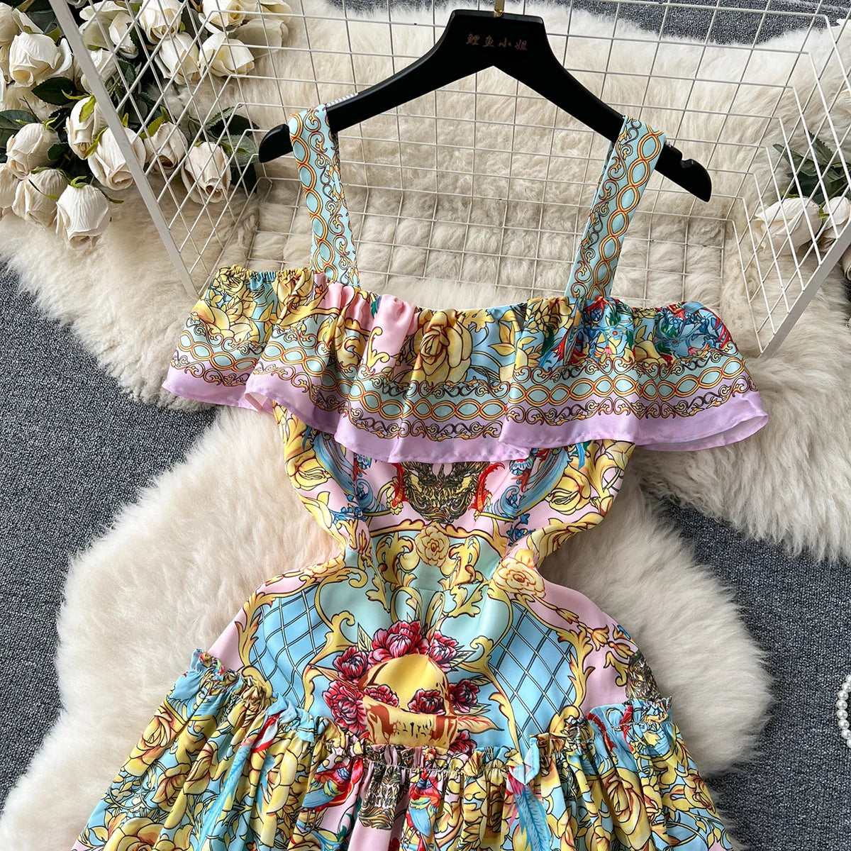 Women Elegant Vintage Print Dress 2023 Layered Ruffle Straight Neckline Strap Off Shoulder Dress For Holiday Summer Mini Dress