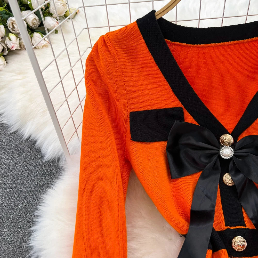 Women Elegant Butterfly Long Sleeve Bodycon V Neck Split Dress Vintage French Slim Knit Tight Vestido Autumn Winter Sweater Robe