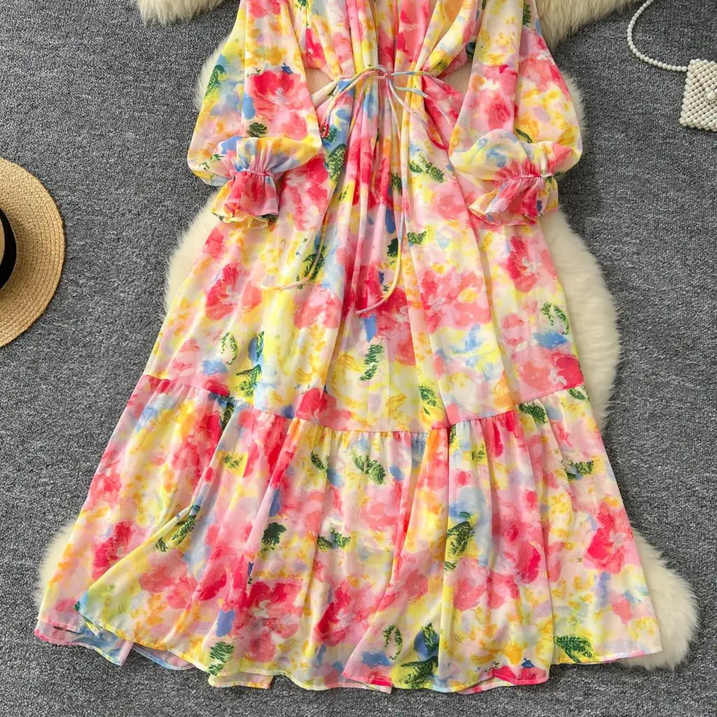 Elegant Floral Print Party Dress for Women French O-Neck Embroidered Flares Lace Up Lantern Long Sleeves Chiffon Long Dresses