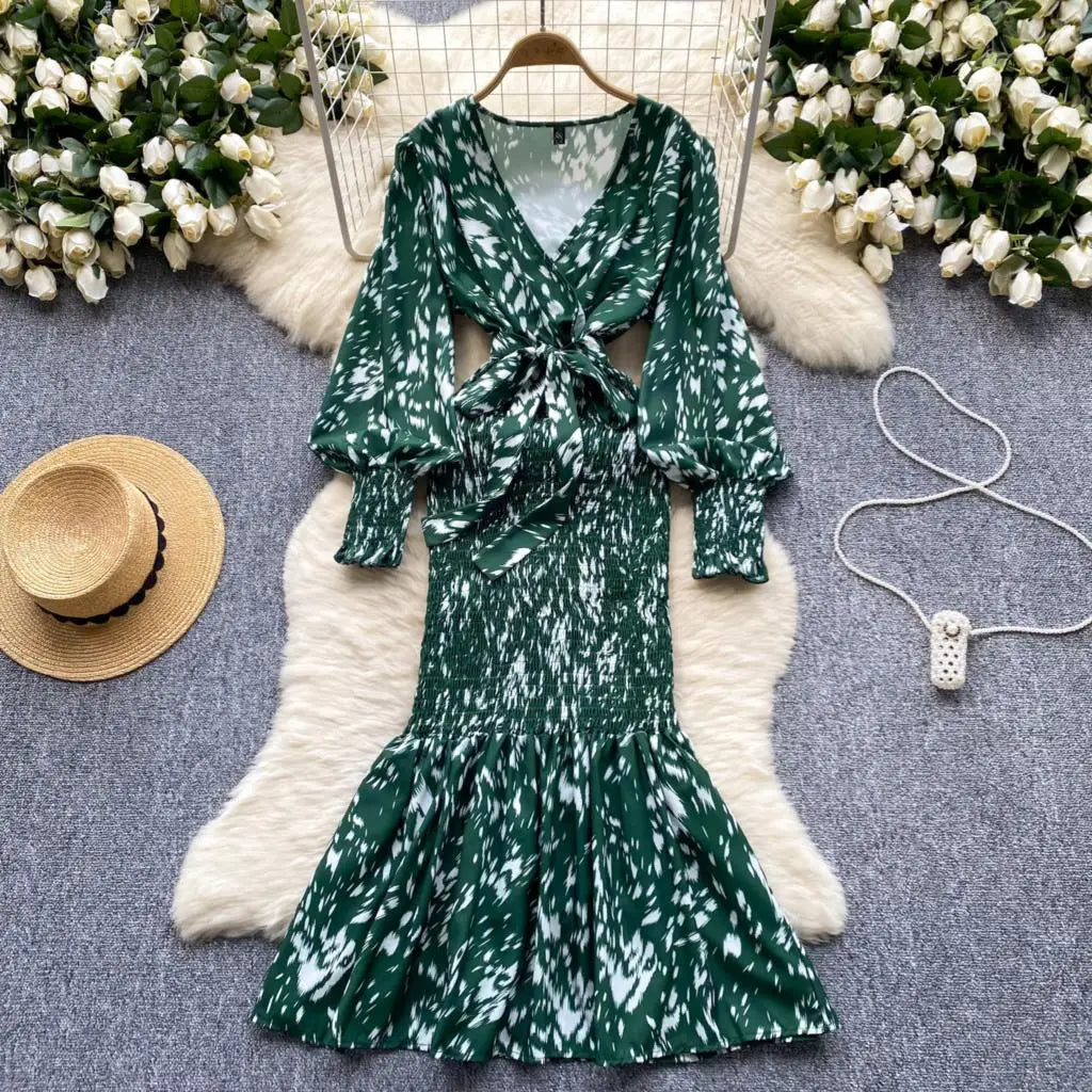 Women Casual Vintage Print Ruffle Long Dress Autumn Elegant V Neck Lantern Sleeve Party Mermaid Dresses Holiday Female Mujer New