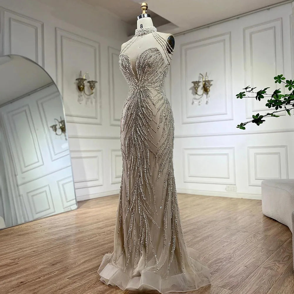 Serene Hill 2024 Arabic Nude Halter Neck Mermaid Pearls Beaded Luxury Dubai Evening Gown for Women's Party LA72696