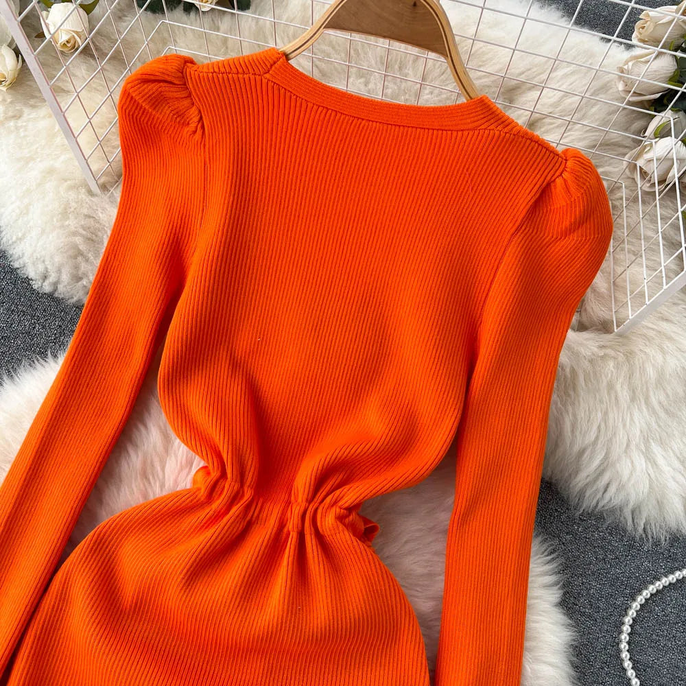 Women Long Sleeve V Neck Sexy Knit Bodycon Dress Chic Vintage Lace Up French Fashion Vestidos Party Elegant Fashion Dresses Y2k