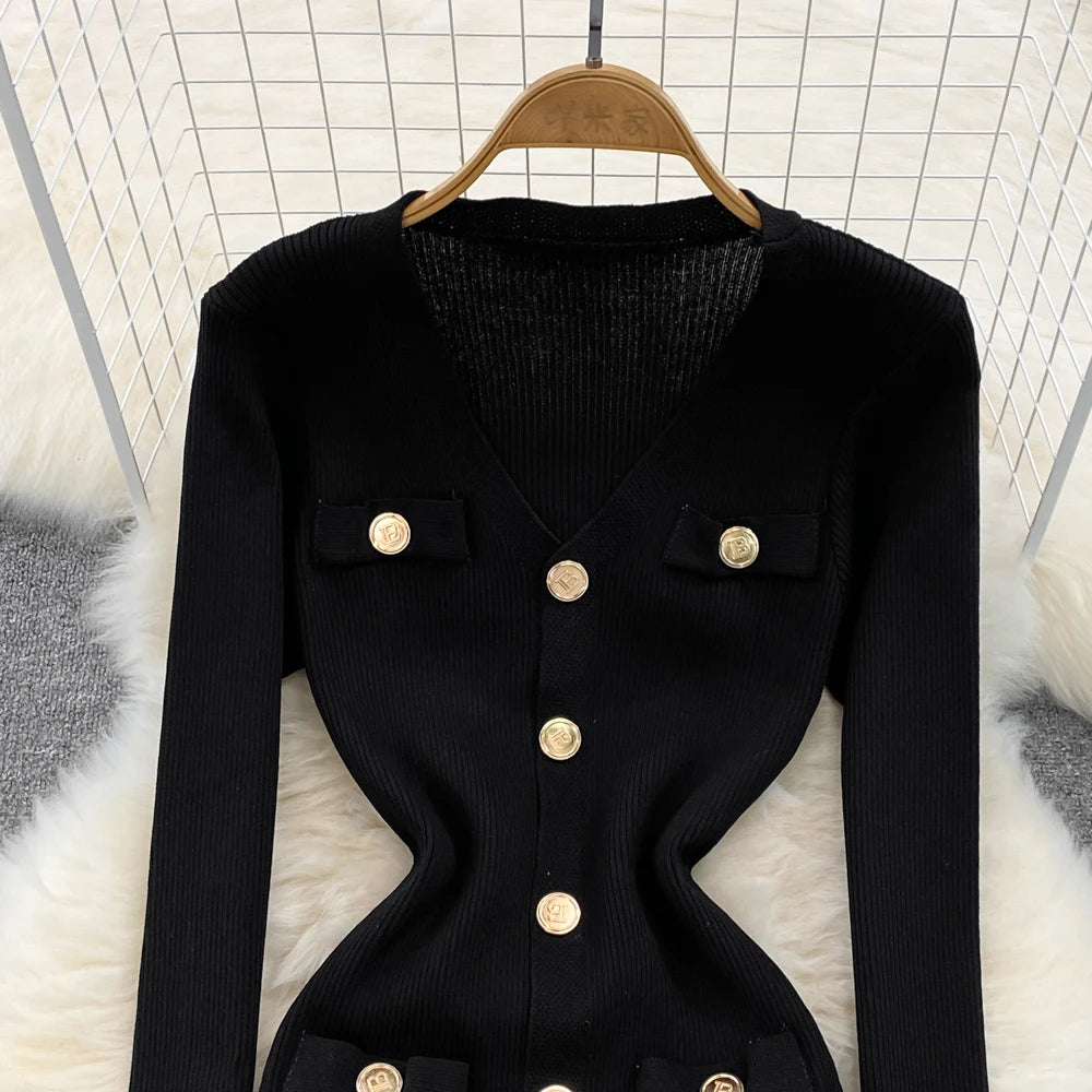 Sexy Split V-neck Long Sleeve Bodycon Dress Chic Elegant Evening Party French Fashion Knit Vestidos Women Autumn Pencil Dress