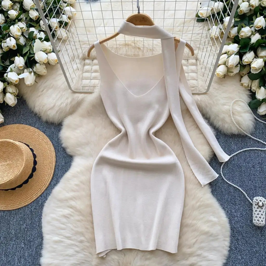 Sexy V-Neck Knitted Mini Dress for Women Elegant Spaghetti Strap Ribbon Slim Dresses One Piece Solid Female Clothes Autumn New