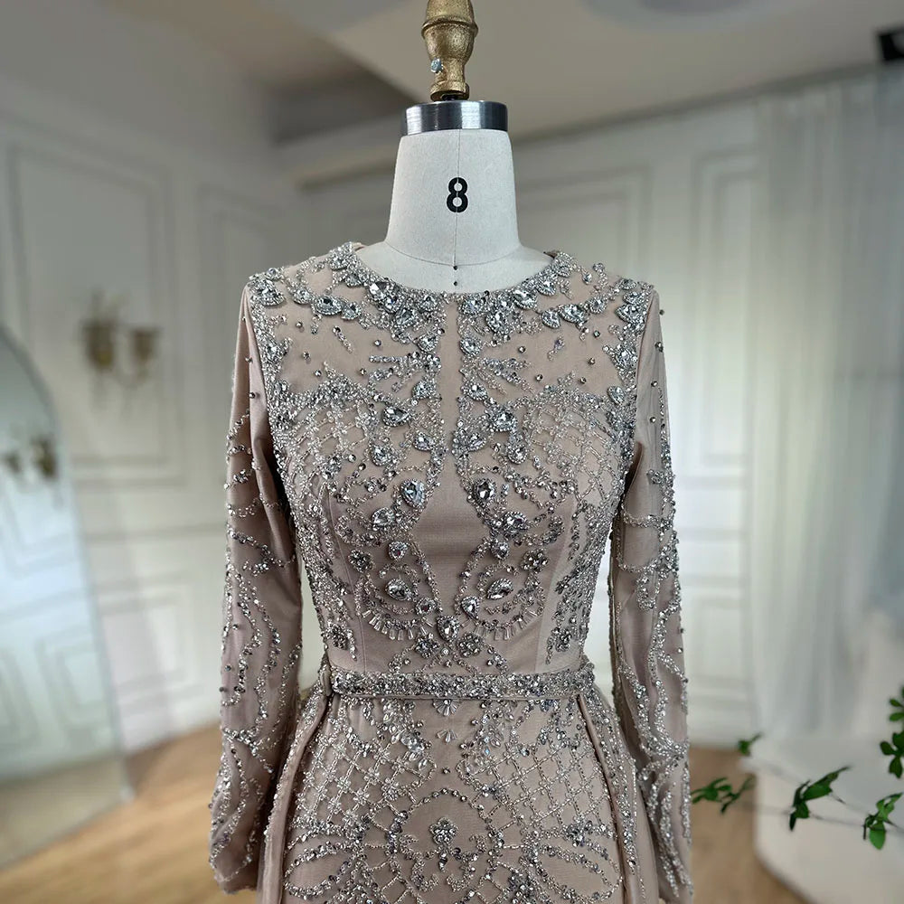 Serene Hill Muslim Silver Nude Mermaid Gown with Detachable Overskirt Beaded Evening Dress for Women Wedding Party 2024 LA71919